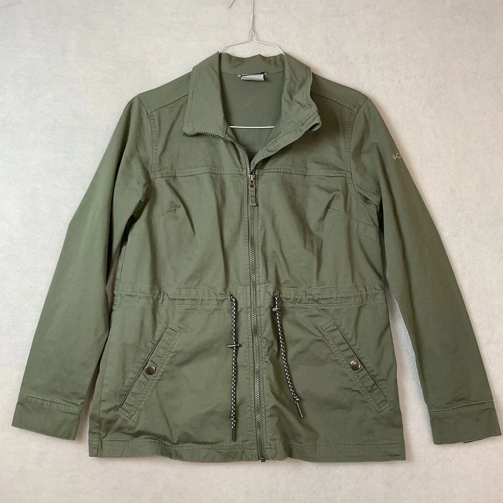 Columbia Jacket‎ Womens M Olive Green Utility Pockets Drawstring Waist Front Zip
